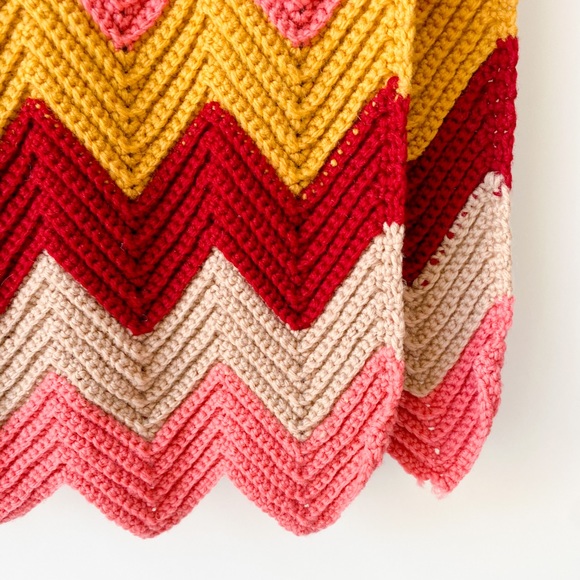 SOLD Vintage Granny Hand Crochet Chevron Blanket - Picture 2 of 6